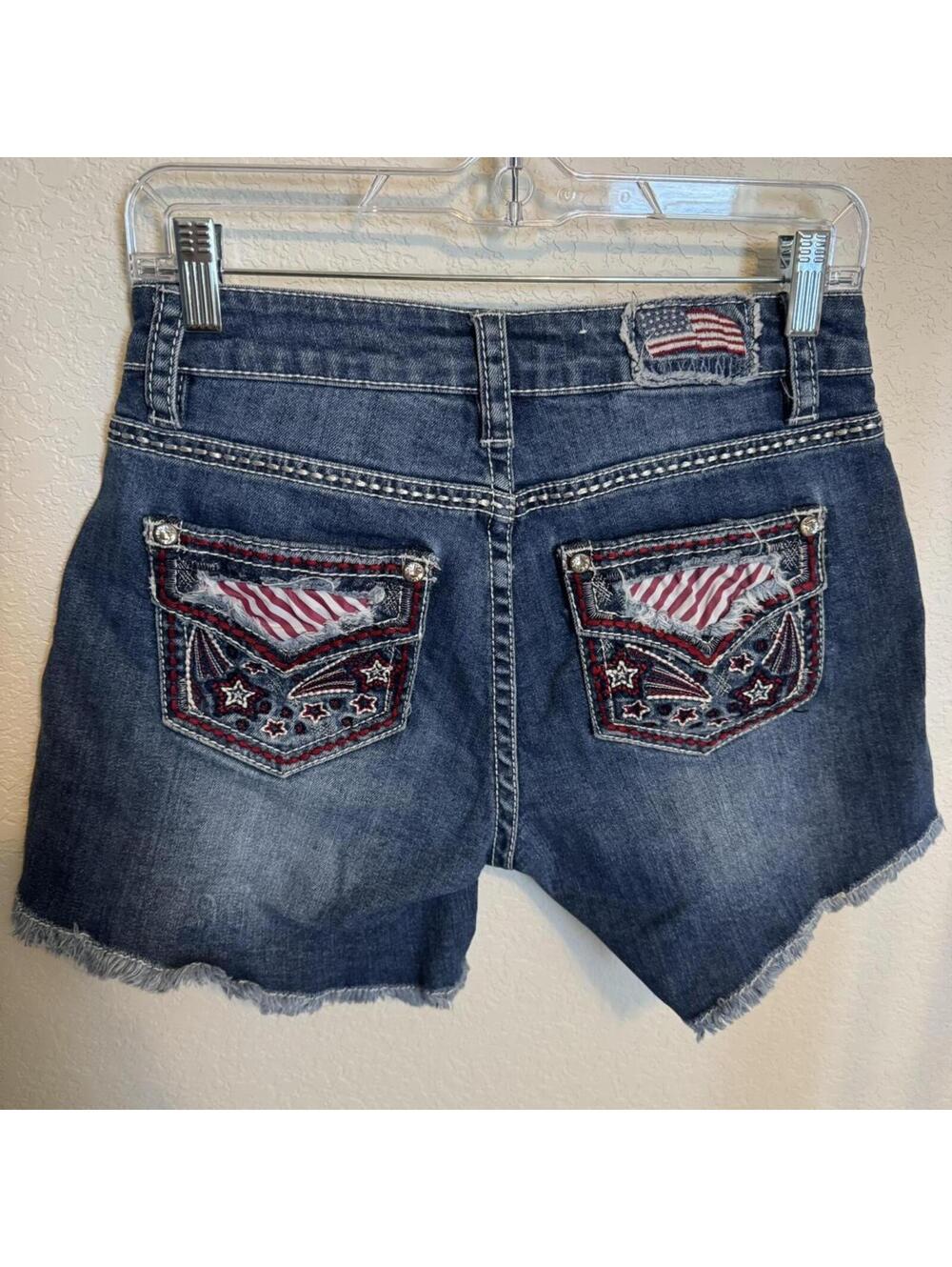 Shyanne Patriotic Western American Flag Denim Shorts, Size 28”